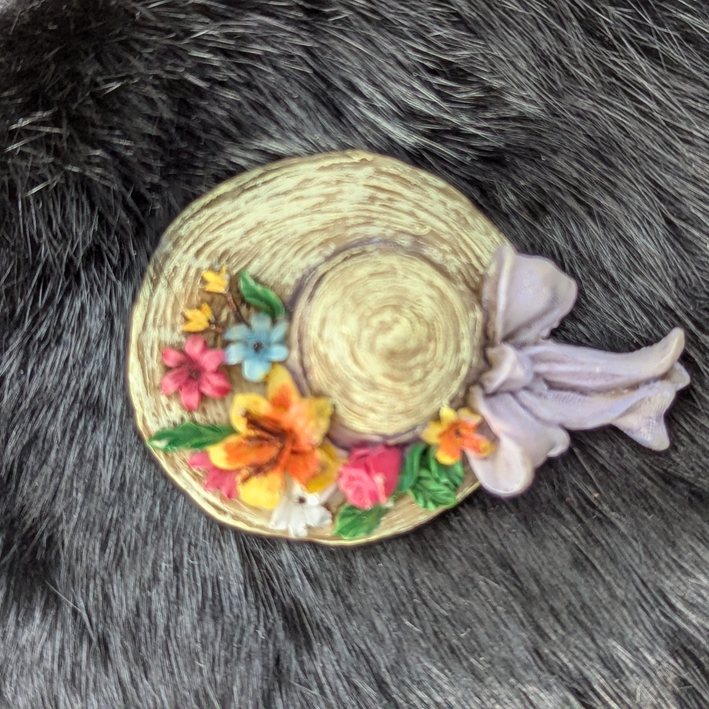 Floral Straw Hat Pin Clasp Lavender ribbon Garden Lovers